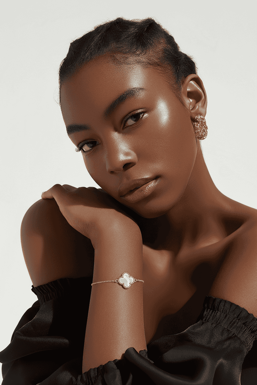 Blossom smykkesæt til hverdagsbrug med elegant armbånd i guld og hvid blomst, perfekt til både dagligt brug og festlige lejligheder.