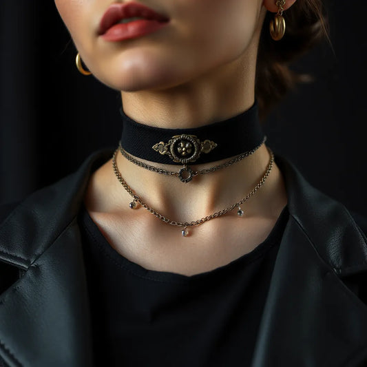 Gothic choker halskæde i sort læderlook ved halsen med diskrete detaljer mod mørk baggrund