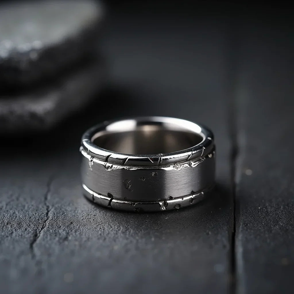 Herre ring i rustfrit stål med mat overflade og rå, tekstureret detalje, moderne herresmykke