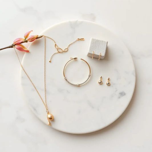 Elegant halskæde, armbånd og små øreringe arrangeret på neutral baggrund med blødt dagslys
