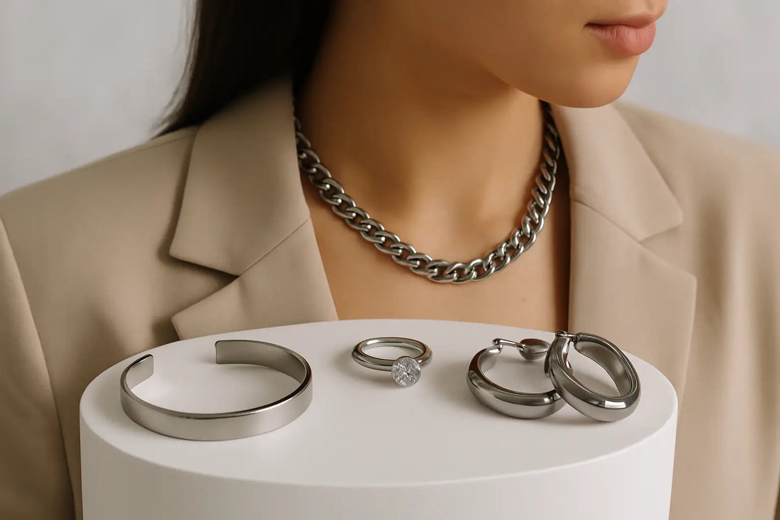 Elegant sølv smykke sæt med kæde halskæde, armring, ring og creoler, stilfulde accessories