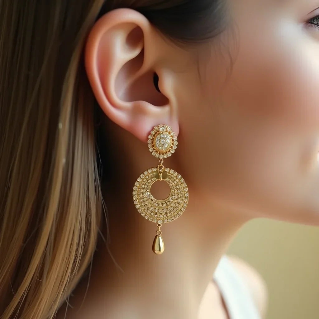 Elegant guldørering med glitrende sten og dråbevedhæng, perfekt til accessories og smykker.