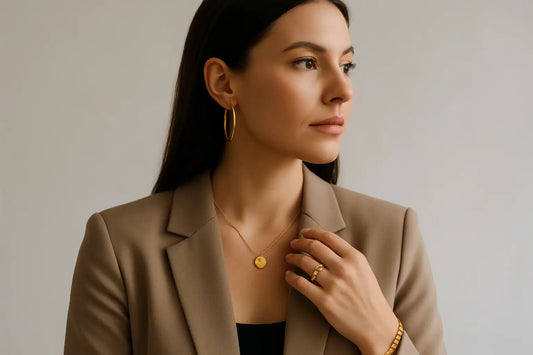 Kvinde med stilfulde guld smykker – halskæde, øreringe og ring – og beige blazer