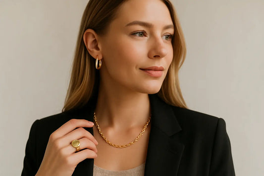Kvinde med stilfulde smykker: guldkæde halskæde, hoop øreringe og guldring, elegant look