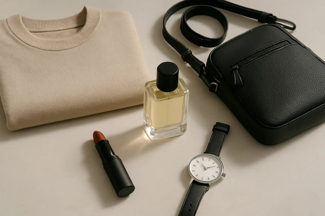 Stilfuldt fladt læg-billede med beige sweater, sort ur, taske, læbestift og parfume.
