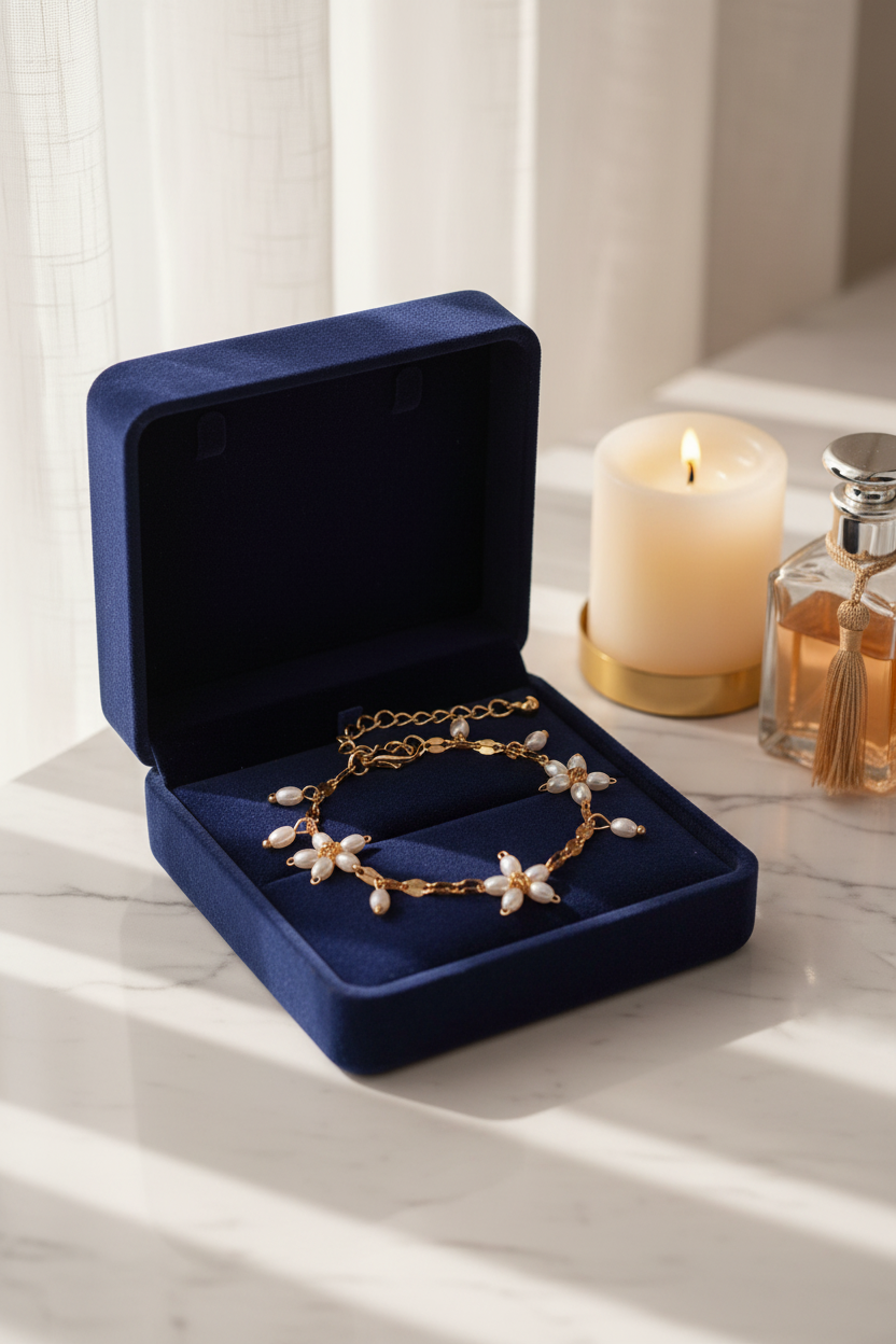 Boho perle armbånd med guldfarvet blomsterdesign og imitationsperler. Elegant smykke til kvinder fra Stylisk.