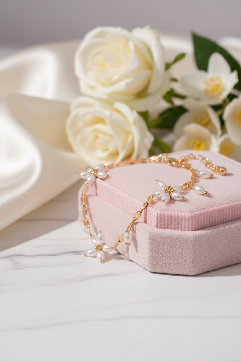 Boho perle armbånd med guldfarvet blomsterdesign og imitationsperler.