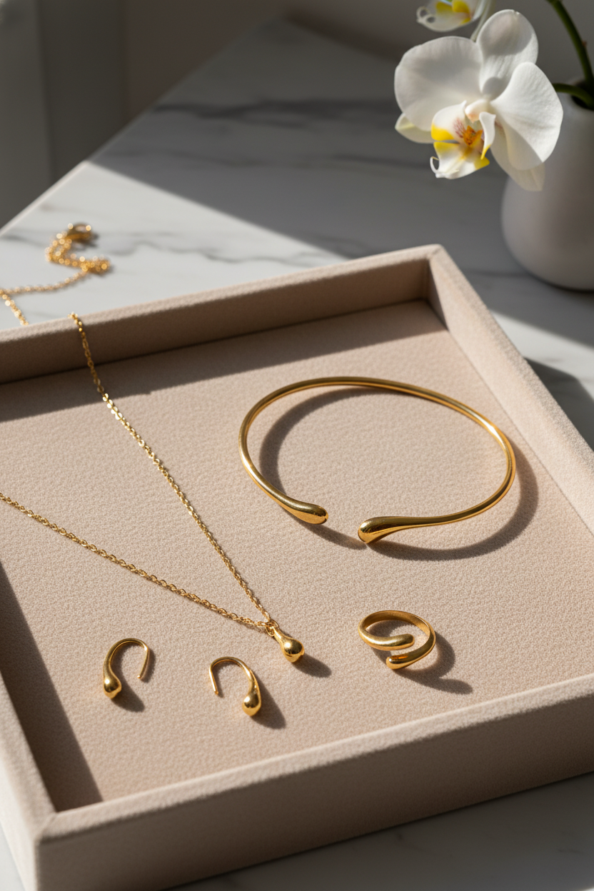 4 Dele Smykkesæt - Ring, Halskæde, Armbånd & Øreringe i Vanddråbe Design