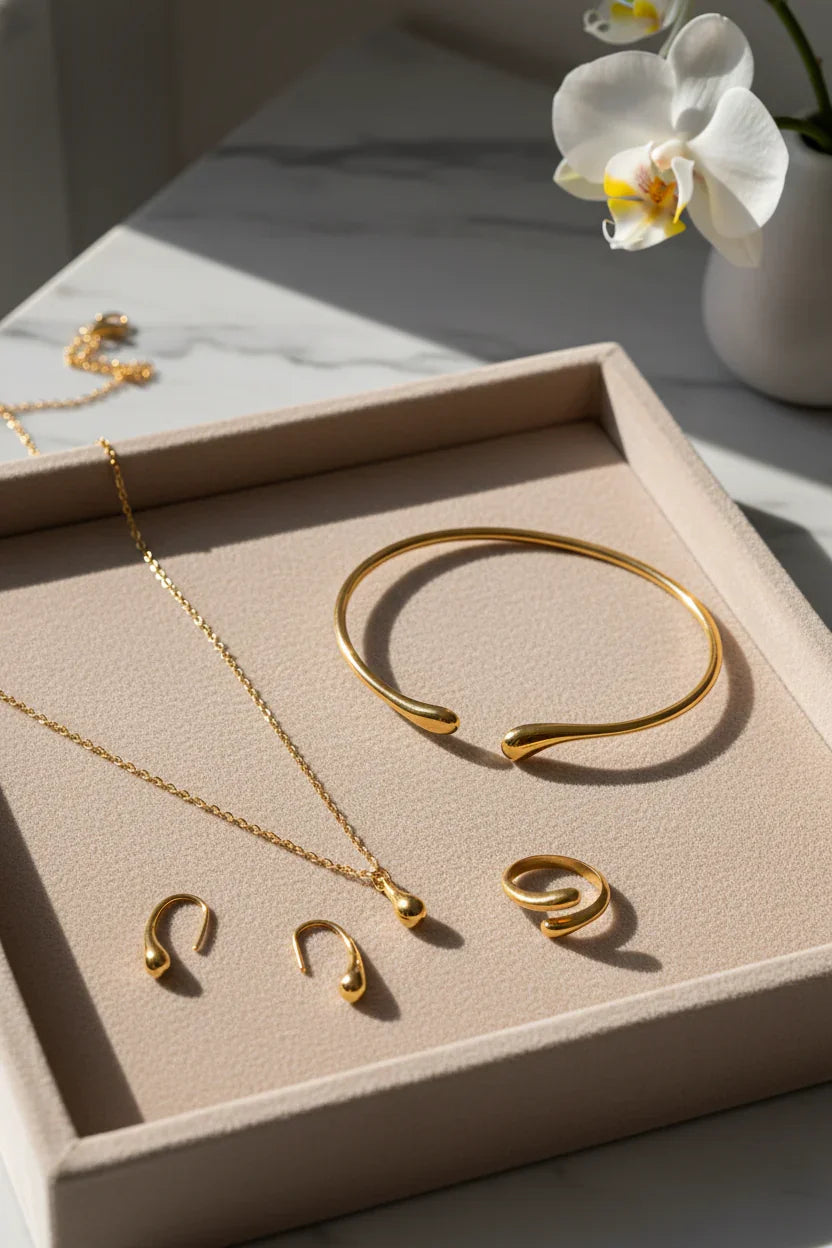 Elegant guld smykkesæt med armbånd, halskæde, øreringe og ring på beige bakke