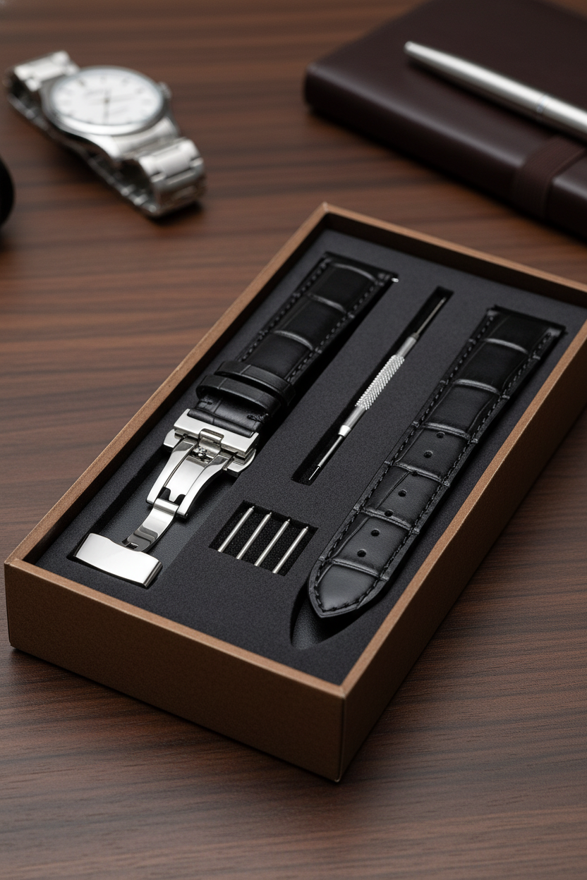 Læder Urrem med Træboks - Ægte Læder 18mm 20mm 22mm Sommerfuglespænde