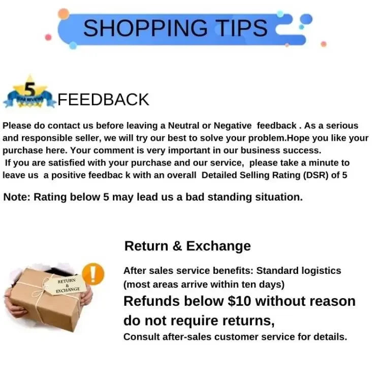 Shopping tips infografik med feedbackråd, retur- og byttepolitik og kundeservice.