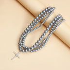 Retro Krystal Kors Halskæde - Flerlagsperler i Gun Grey