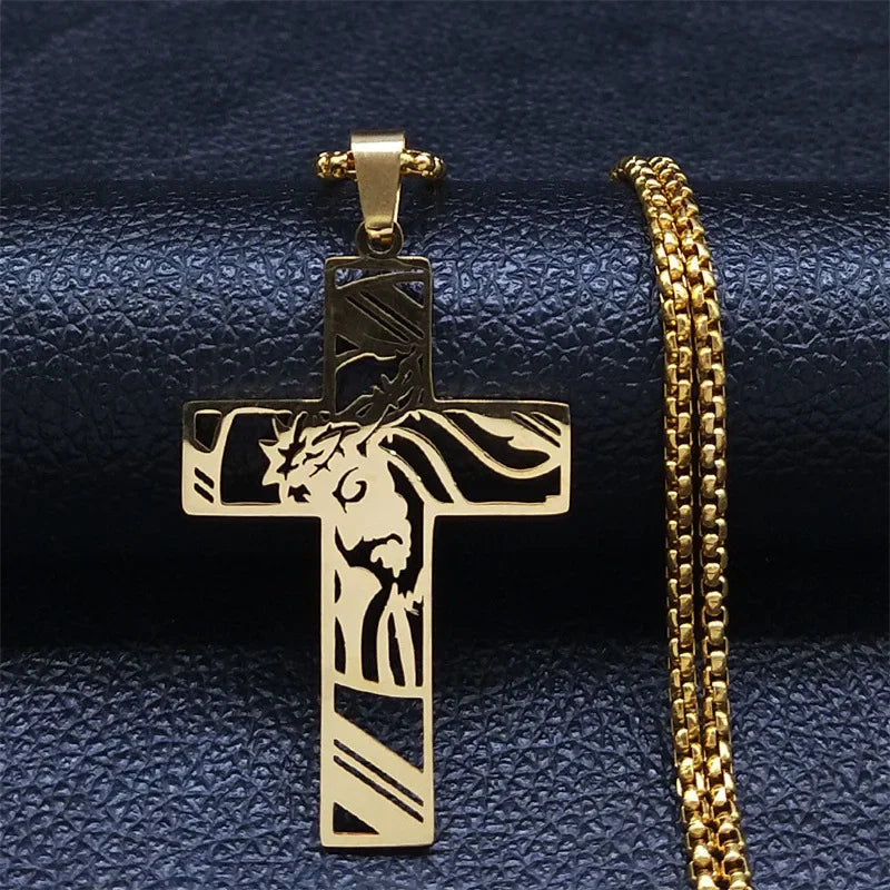 Elegant gylden kors halskæde med Jesus-motiv, trendy smykke til herre og dame