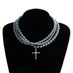 Retro Krystal Kors Halskæde - Flerlagsperler i Gun Grey