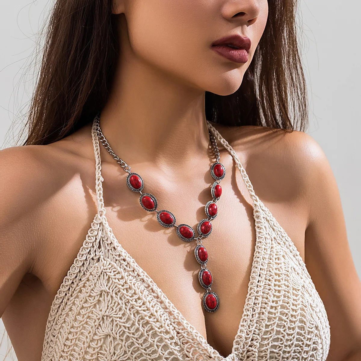 Retro Turkis Y-Halskæde - Flerfarvede Perler med Kvast